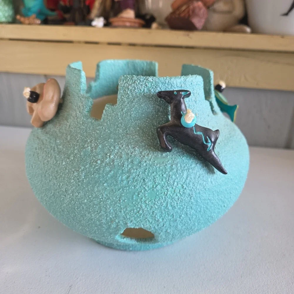Textured Native American Fetish Teal Bowl Planter Bear Rabbit Fish Deer Beads